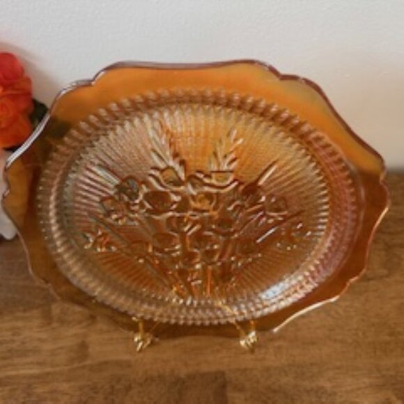 Jeannette Iris and Herringbone Marigold Carnival Glass Plate Floral Depression E - Picture 3 of 6